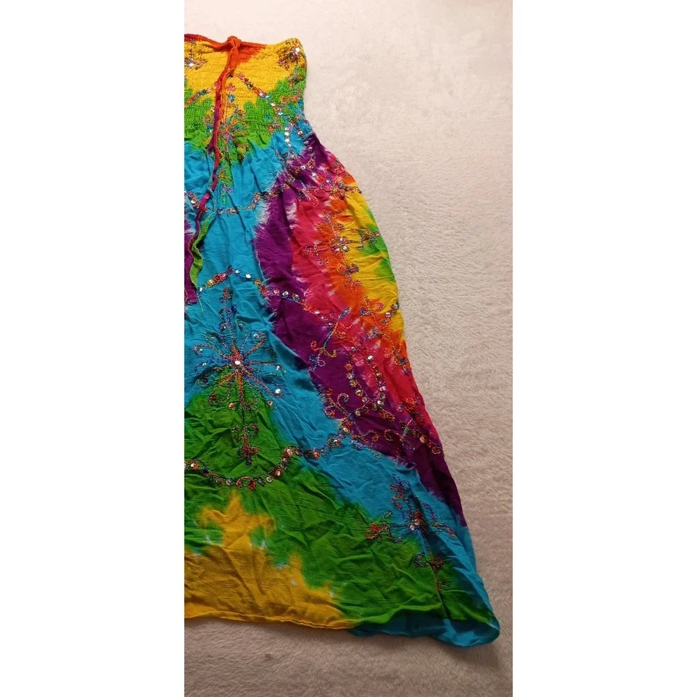 Boho Rainbow Tie Dye Smocked Sequin Embroidered Maxi Skirt Festival Dress NWOT